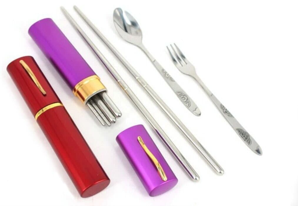 Heiker Stainless Steel 3 Piece ( Chopsticks,Fork,Spoon) Portable Travel Camping Hiking Cutlery Set With Stainless Steel Cylinder Box(Purple,Golden,Silver,Red) Pen type eco-friendly Flatware Set