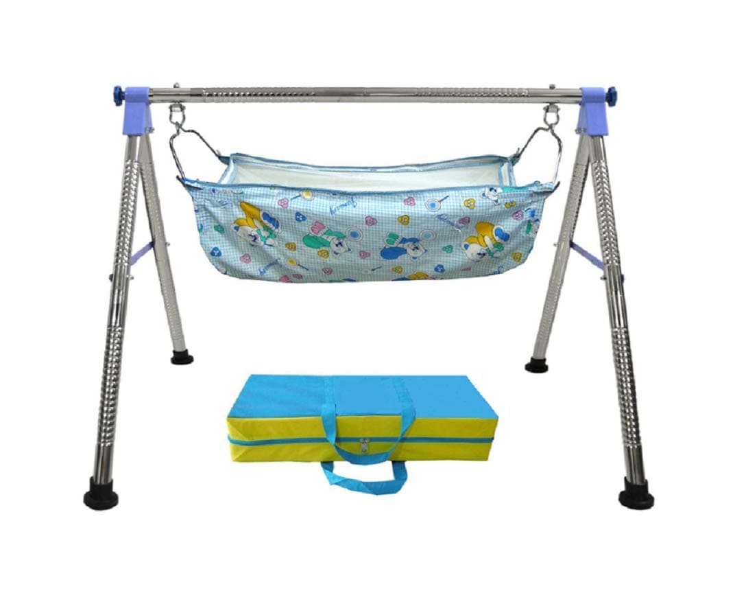 Everex Folding Stainless Steel Indian Style ghodiyu palna Swing Cradle jhula for Born Baby with Hammock. (Blue)