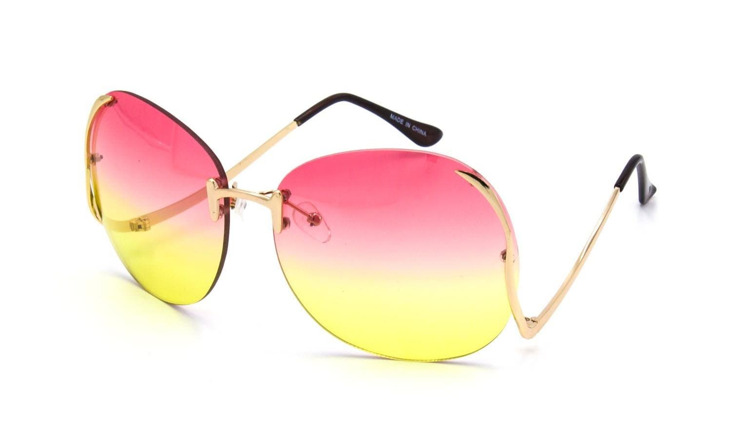 Rimless Oversize Vintage Retro butterfly upside down Tint Lens Sun Glasses (Gold, Pink/Yellow)