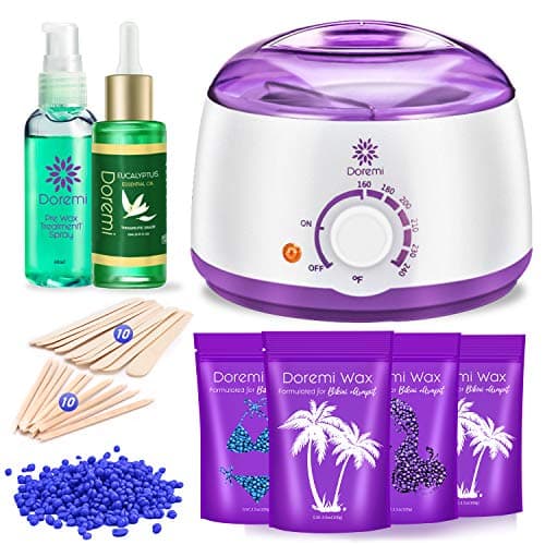 Doremi New Waxing Kit, Painless Hair Removal Home Kit,Multiple Formulas Target Different Type of Bikini, Facial, Armpit,Eyebrows, with Hot Wax Warmer, 4 Hard Wax Beans and 20 Wax Applicator Sticks