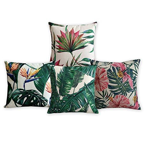 American Pillow Flamingoes and Palm Leaf Modern Art Cotton Linen Pillowcase Comfortable Cushions Decorative Pillows Home Decor Sofa Throw Pillow Case Set of 4 Cushion Cover