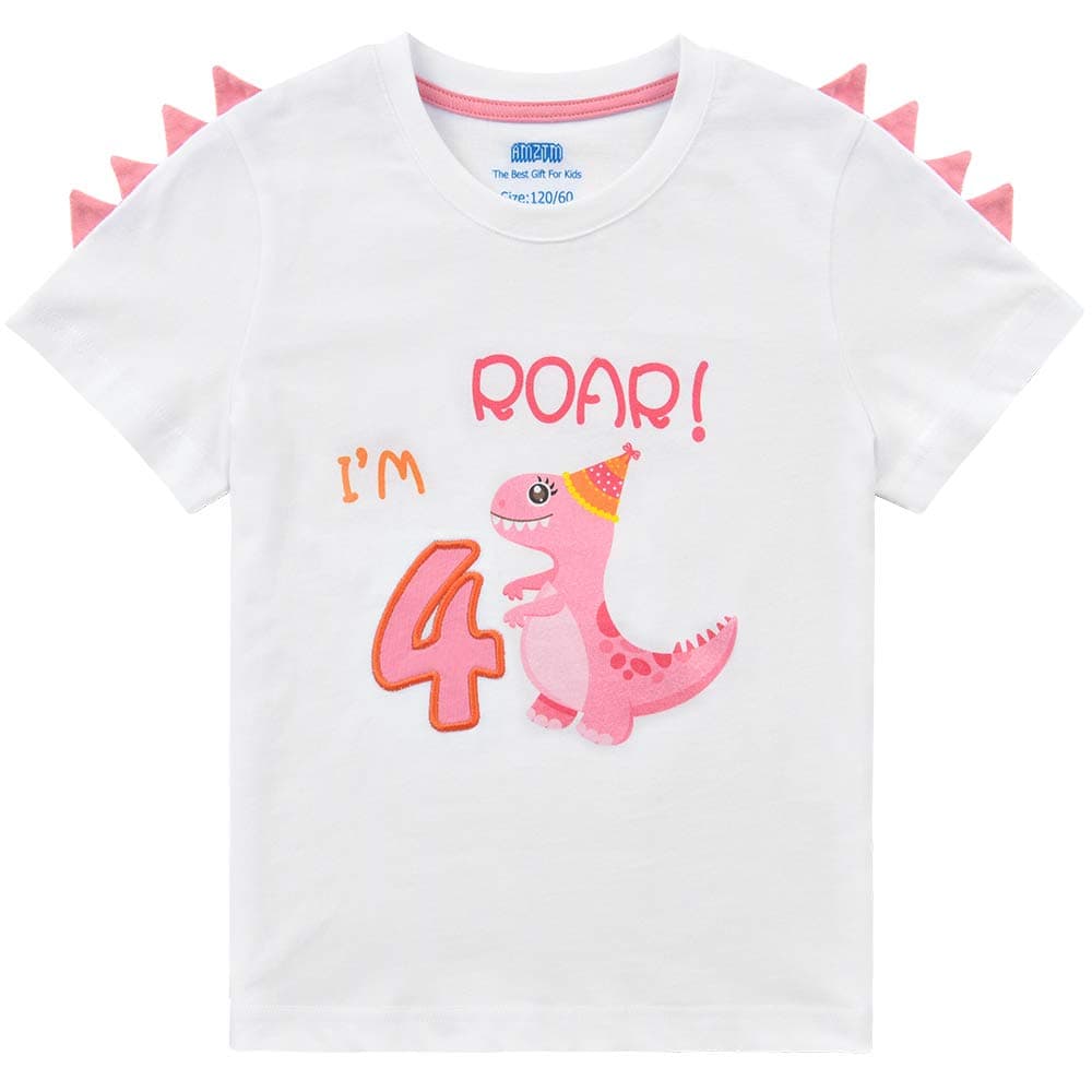 4th Birthday Girl T-Shirt Dinosaur Party B-Day Themed Tee Gift for Toddler 4 Years Old 100% Cotton Embroidery