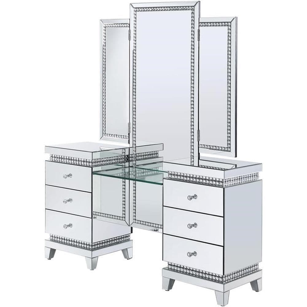 Acme Lotus Vanity Desk in Mirrored and Faux Crystals