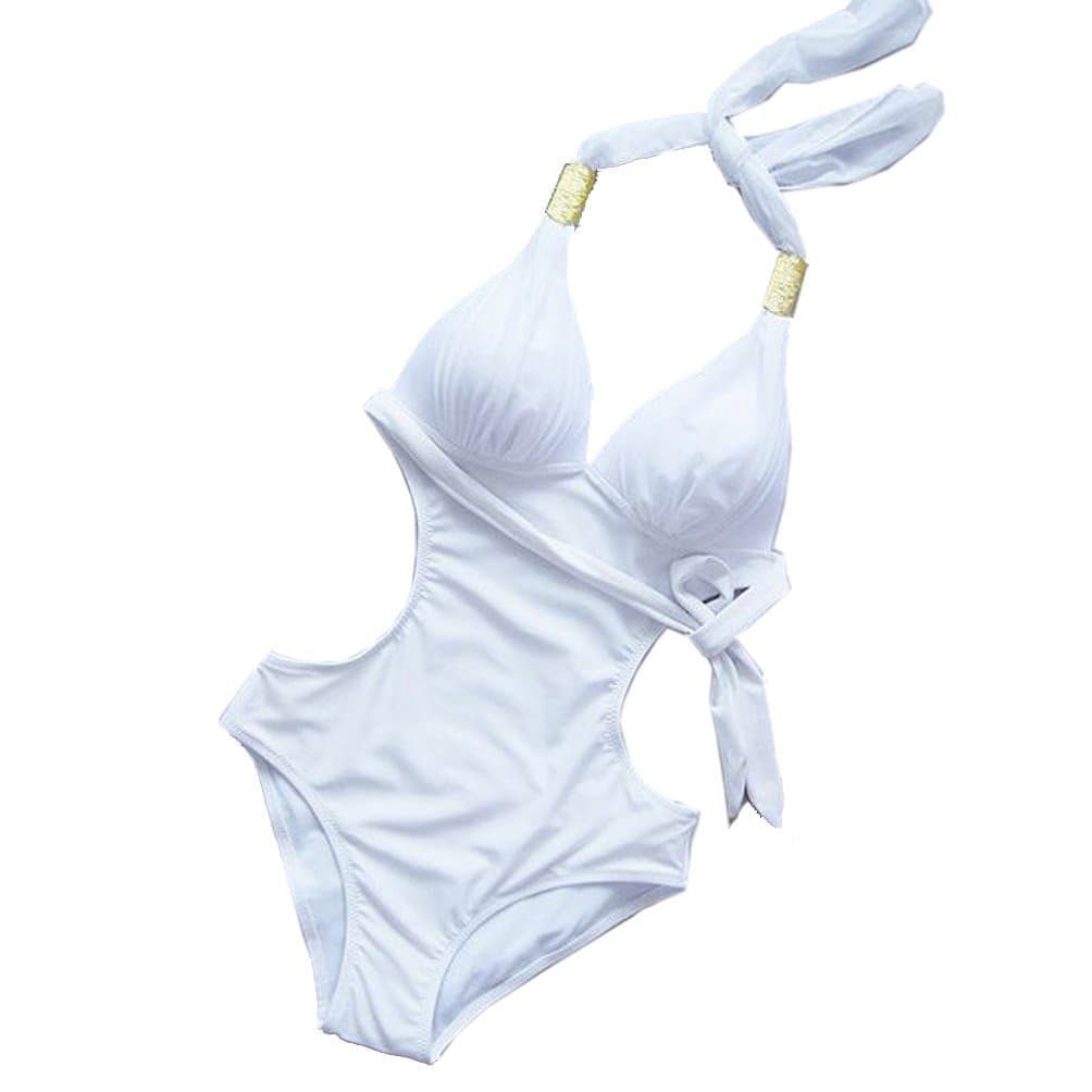 ECOSCO One Piece Scrunch Monokini Style bikini Swimsuit Swimwear Beachwear (L, White)