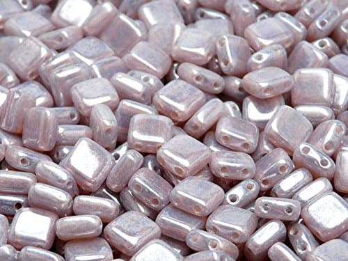 40 Pieces Czech Glass Beads Tile Two-Hole, Flat Square 6x6x2.9mm Violet Opal White Luster
