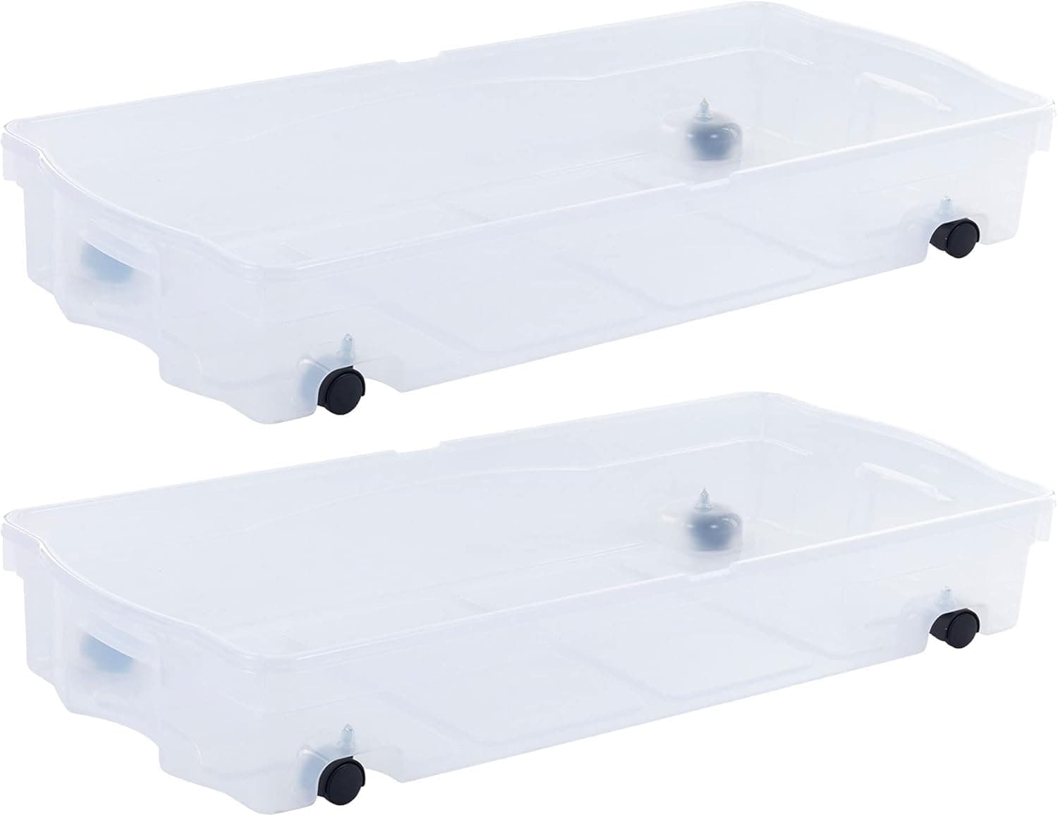 Rubbermaid 70 Quart Under the Bed Low Profile Storage Boxes with Dual Hinged Lids and Easy Rolling Caster Wheels, Clear, 2 Pack
