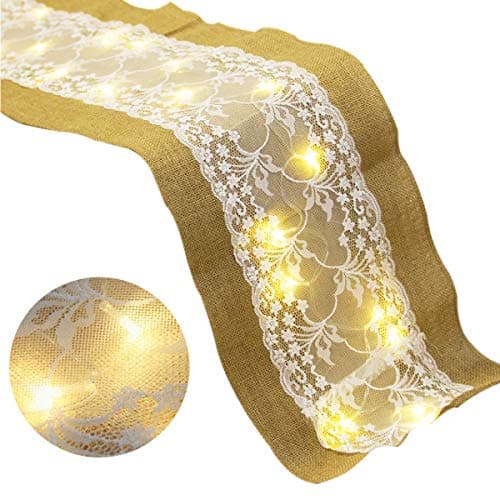 Linen Table Runner 108 Inches With Lace Fabric Sparkly Jute Burlap Tablecloth Glittered Dinning Table Runners With Led Lights for Wedding Christmas Birthday Party Farmhouse Romantic Decor(Brow)