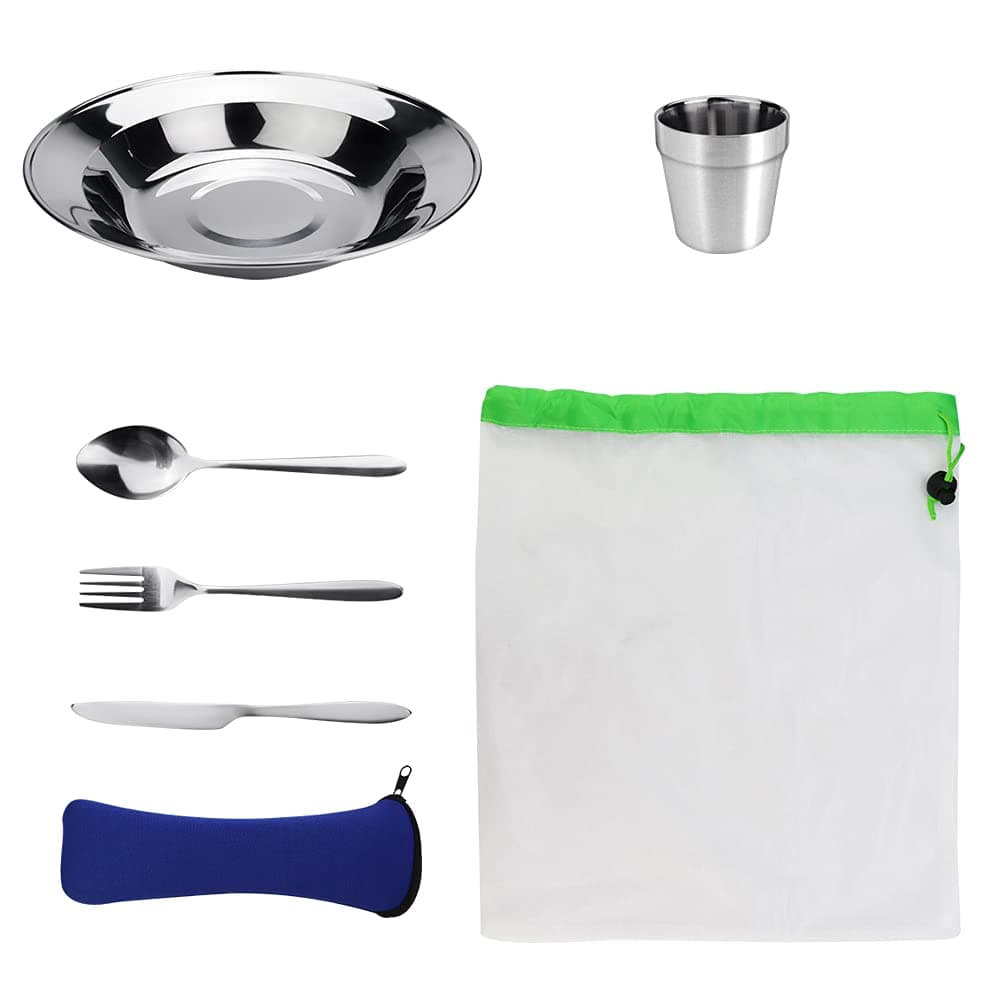 7 in 1 Camping Cutlery Set - Stainless Steel Utensils Tableware Mess Kit Complete Dinnerware Set Includes Plate Bowl Cup Spoon Fork Knife Mesh Travel Bag for Backpacking