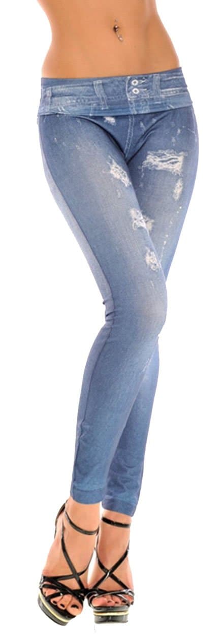 Women Denim Print Fake Jeans Look Footless Ankle Leggings Pants