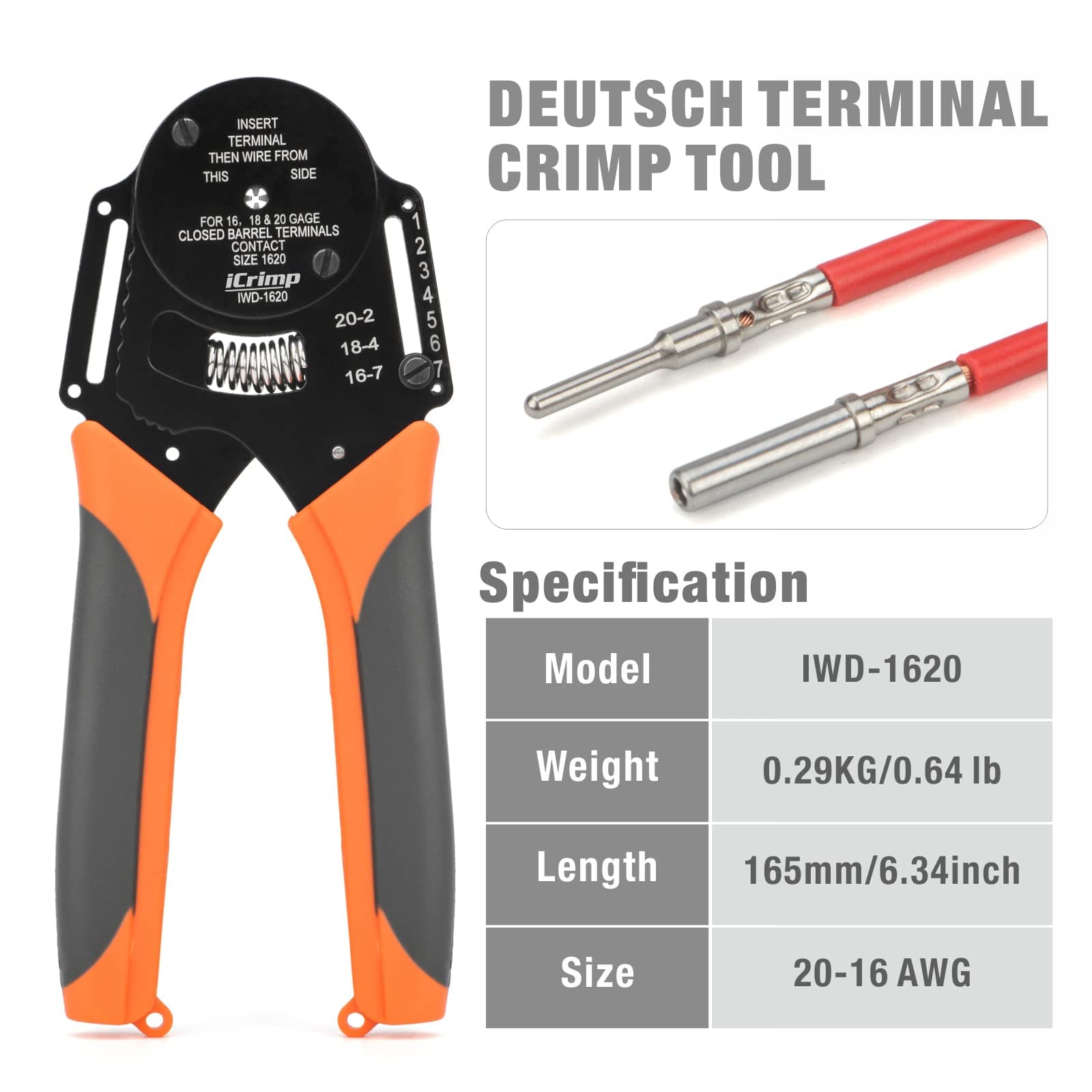IWISS IWD-1620 Deutsch Size 16 Crimper, Solid Barrel Contact & Circular Connector Contacts Crimping Tool, 8 Indents Wire Crimper, AWG16 to AWG20
