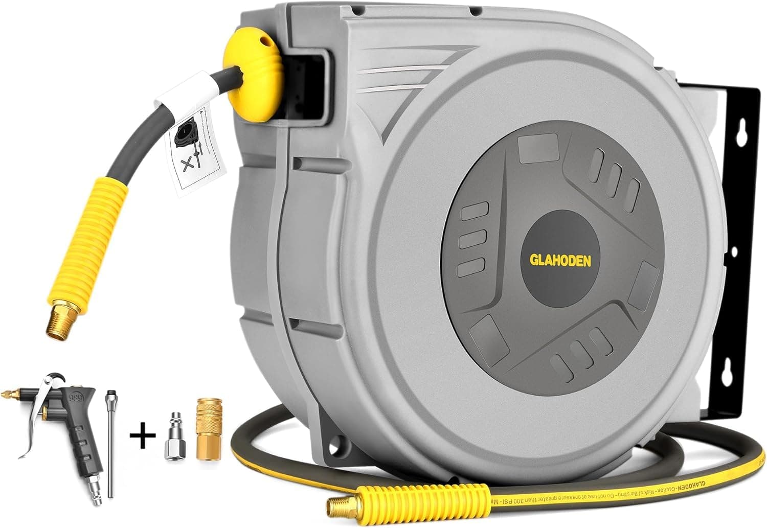 GLAHODEN Enclosed Retractable Air Hose Reel, 3/8in x 65 Ft Hybrid Hose Air Compressor Hose Reel with 6Ft Lead in Max 300PSI Patented Design for Any Length Lock 180°Swivel Bracket Quick Coupler