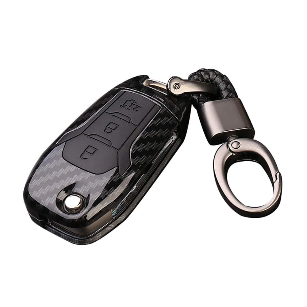 Happyit ABS Carbon Fiber Shell+Silicone Car Key Cover Case Keychain for Ford Focus Mondeo Edge Fiesta Kuga Mondeo MK4 Fusion Escort Ecosport (E carbon fiber + black)