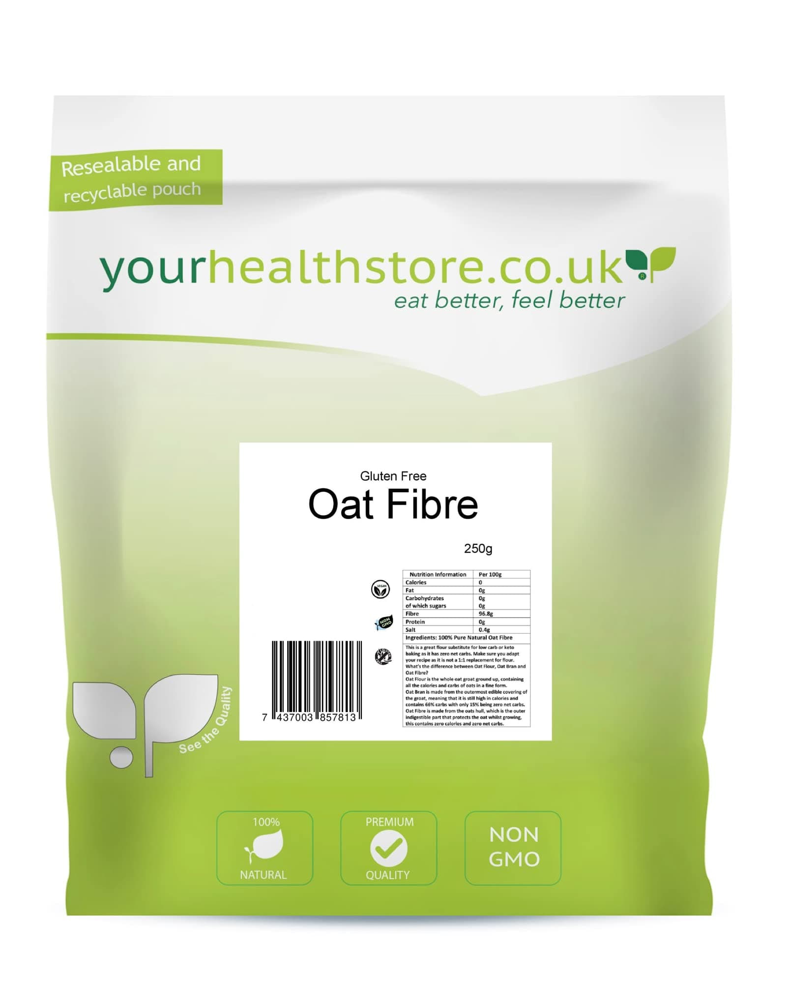 yourhealthstore® Premium Oat Fibre 250g, Extra Light and Fluffy, Great for Keto King Bread, Vegan, Produced in The EU, (Recyclable Pouch)