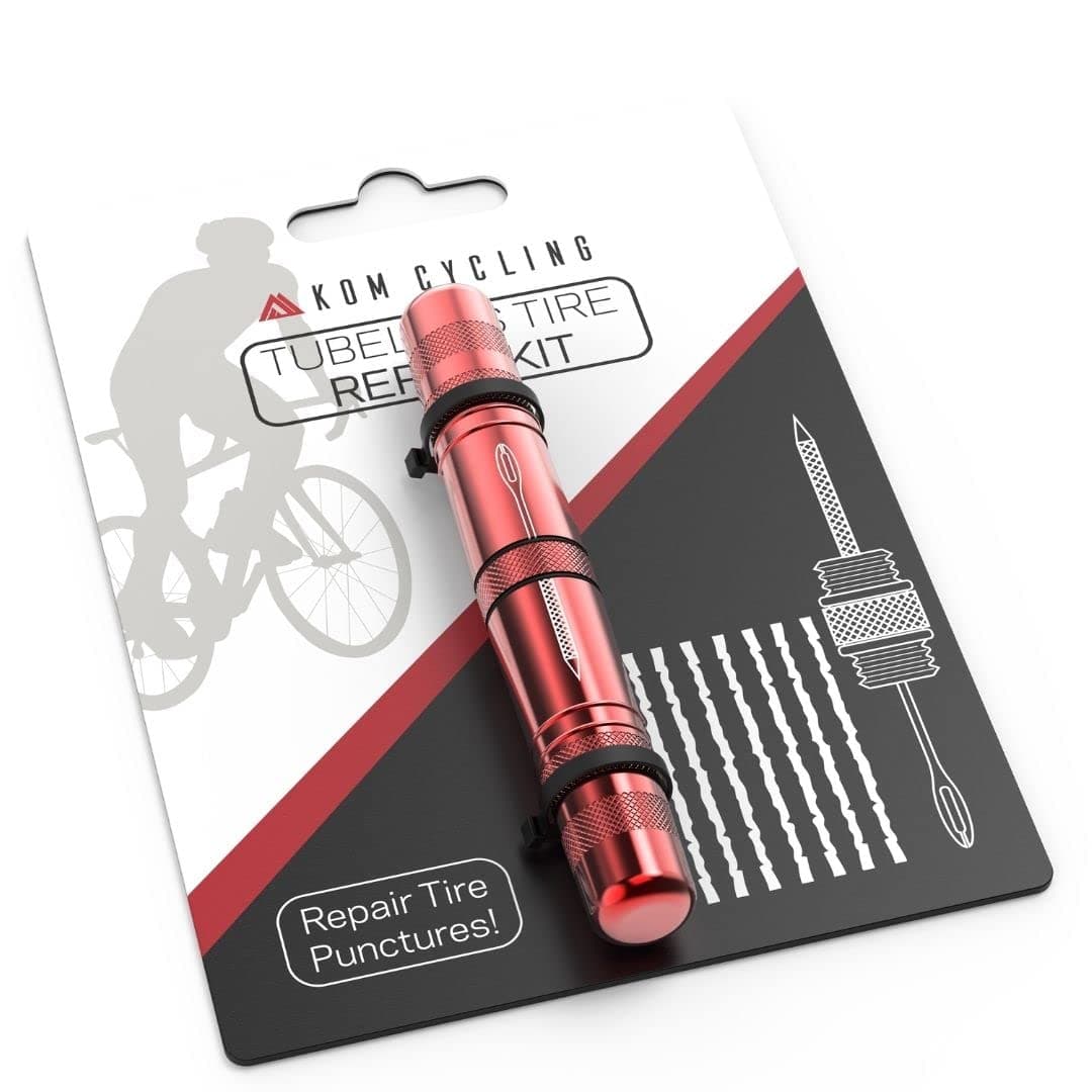 KOM Cycling Tubeless Tyre Repair Kit for Bikes – 8 Colors! Fixes Mountain Bike and Road Bicycle Tyre Punctures – Includes Tyre Repair Fork and Reamer, 8 Bacon Strips. Tubeless Repair Made Easy