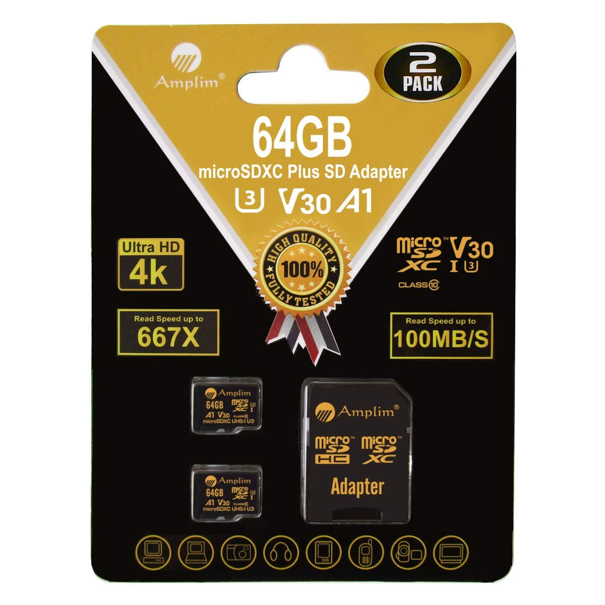 Amplim 64GB Micro SD Card, 2 Pack MicroSD Memory Plus Adapter, MicroSDXC U3 Class 10 V30 UHS-I Extreme High Speed Switch, Go Pro Hero, Surface, Phone Galaxy, Camera Security Cam, Tablet, PC