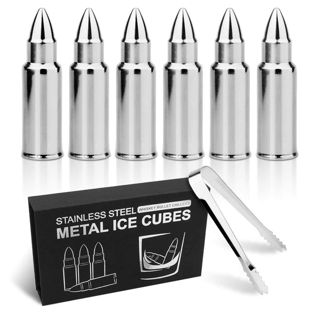 GoStar Reusable Metal Whiskey Stones Stainless Steel - set of 6,Wine Whiskey Rocks Bullet Shaped Ice Cubes with Tongs and Gift Box