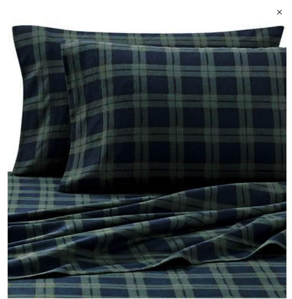 The Seasons Collection Super Soft Cotton Heavyweight Flannel 3 Piece Sheet Set Blackwatch Plaid Navy Blue and Green TWIN