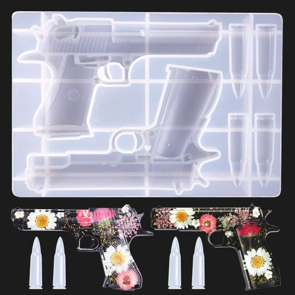 N A Epoxy Resin Mould Gun Pistol Shell Bullet Silicone Casting Mold, 3D DIY Soft Clay Cake Decor Craft Candy Desserts Chocolate Tool, WHITE