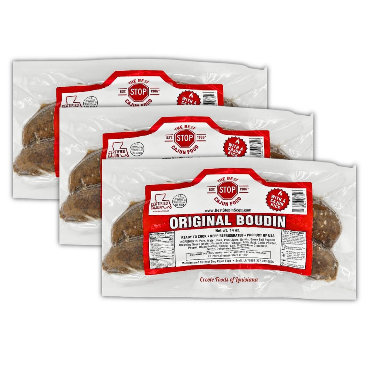 The Best Stop Original Boudin - 14 oz, Pack of 3 - Authentic Louisiana Cajun Sausage for Grilling & Gumbo