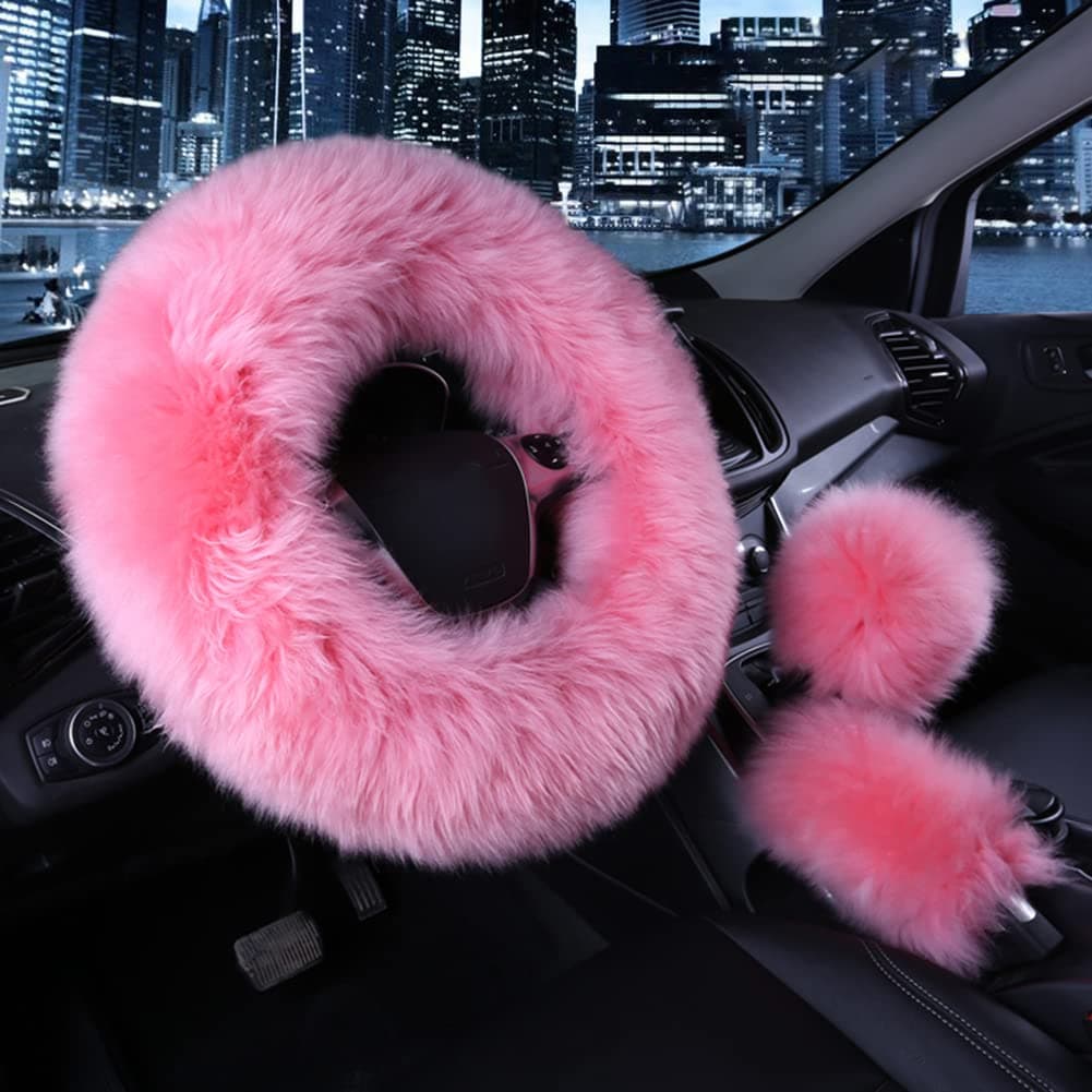 Car Steering Wheel Cover Gear Shift Handbrake Fuzzy Cover 1 Set 3 Pcs Multi-Colored with Winter Warm Pure Wool Fashion for Girl Women Ladies Universal Fit Most Car(Pink)