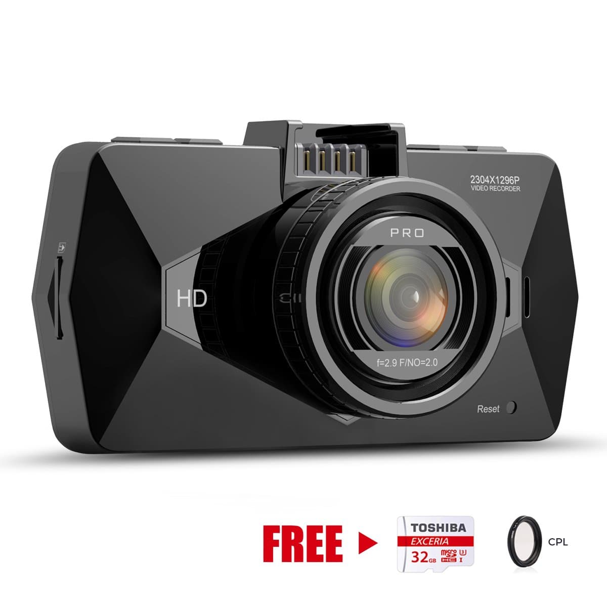 Dash Cam, SEYDI F1 Car Camera : 2.7" Screen 2K Full HD 1296p Dashboard Camera, 170° Wide Angle, DVR, Parking Mode, WDR Night Vision, GPS, G-Sensor, 32G Card, CPL Filter, Suction Cup Mount