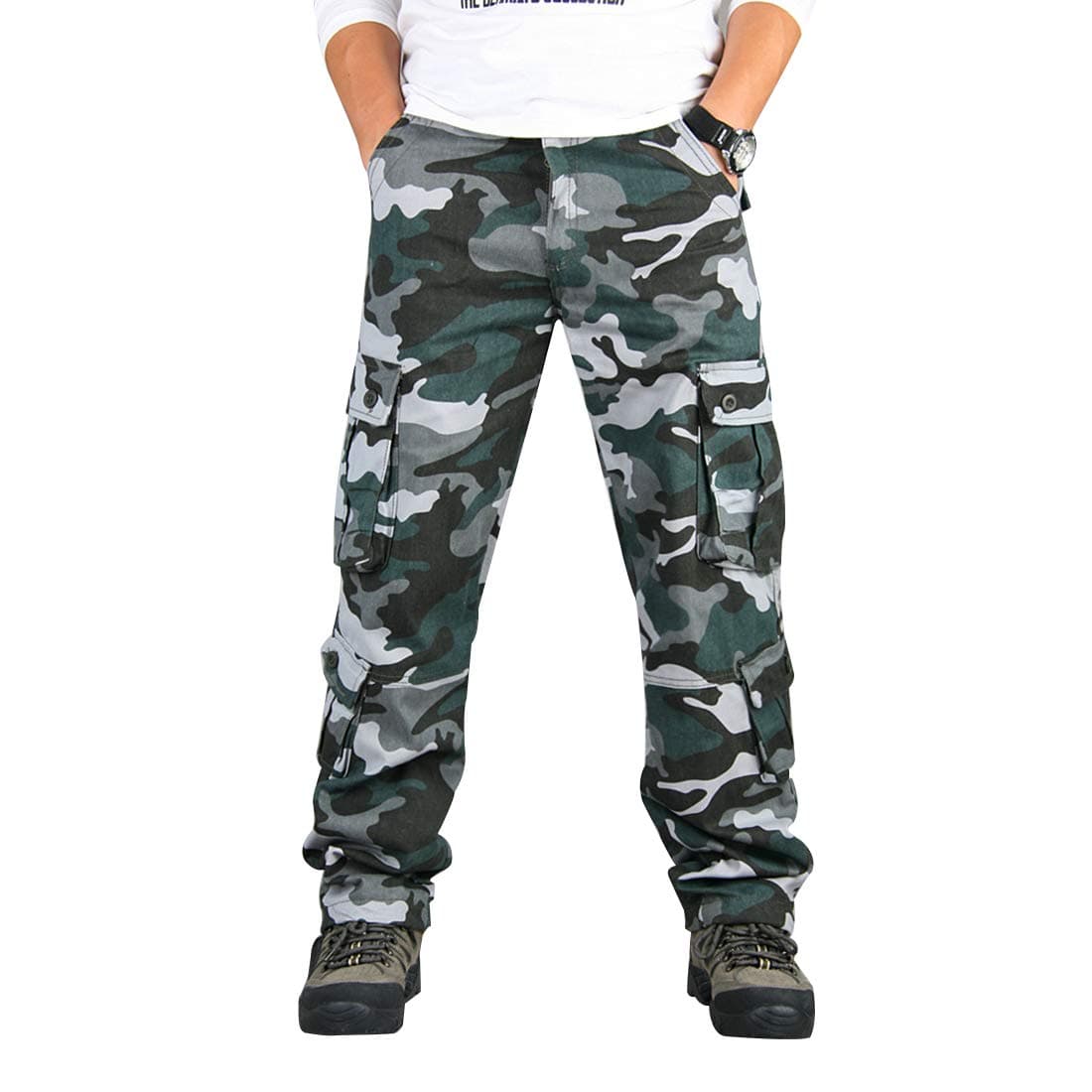 iCKERMens Relaxed-Fit Cargo Pants Multi Pocket Military Camo Combat Work Pants