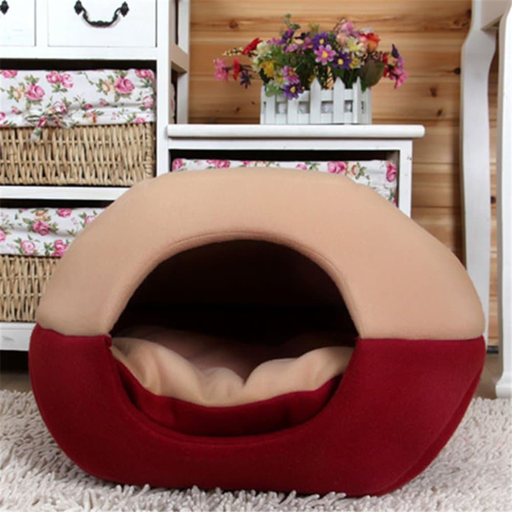 Cozy Pet Dog Cat Cave Mongolian Yurt Shaped House Bed with Removable Cushion inside, 50X40X44cm, Khaki&Red