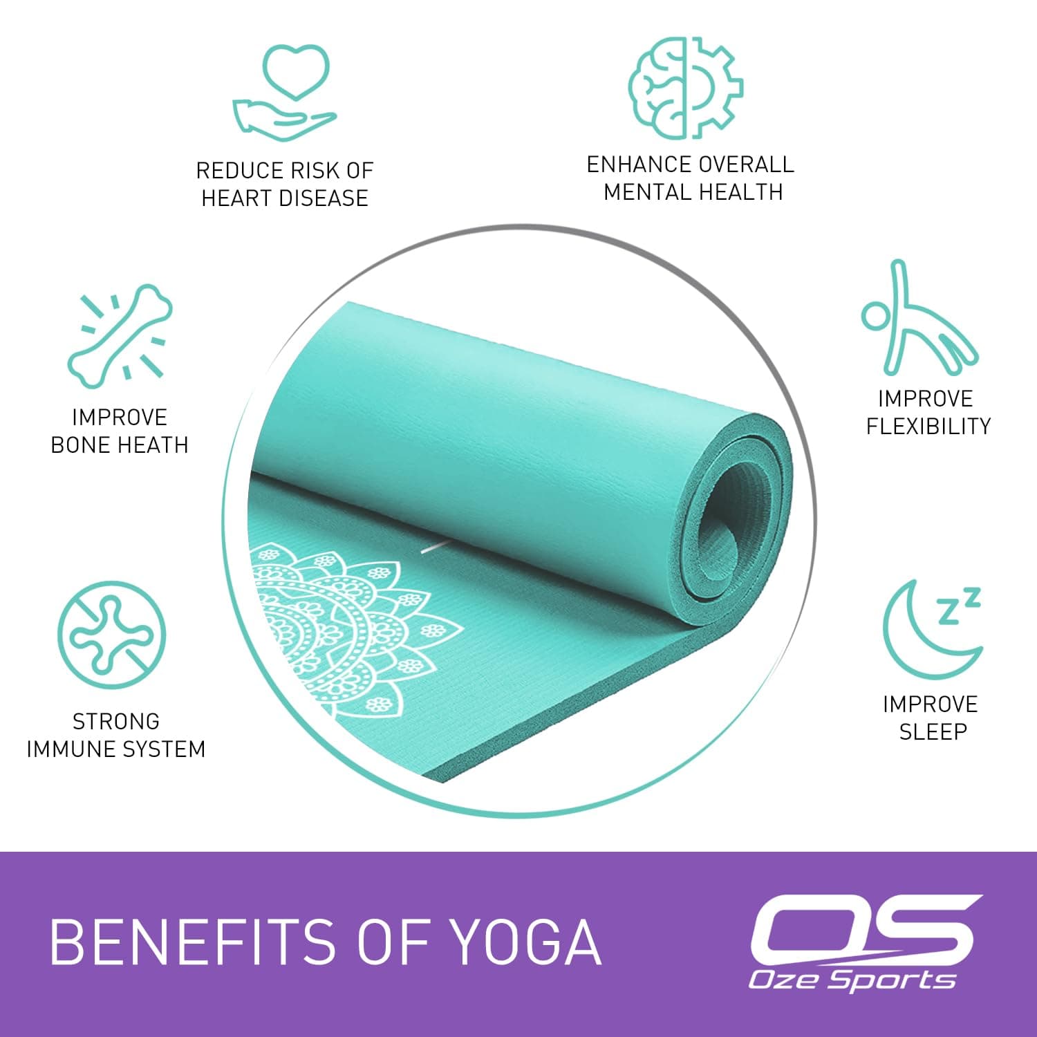 Yoga Mat Exercise NBR Fitness foam mat Extra Thick Non-Slip Large Padded High Density ideal for HiiT Pilates gymnastics mats Fitness & Workout with Free Carry Strap (Teal Mandala)