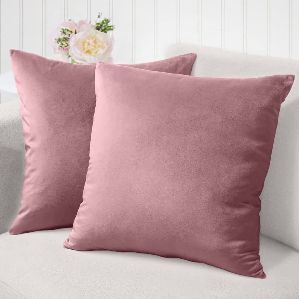 The Connecticut Home Company Velvet Throw Pillow Covers, 18x18 Set of 2, Soft Decorative Square Pillowcases, Luxury Home Décor Accent Cushion Cases for Livingroom Couch, Bedroom, Sofa Bed, Dusty Pink
