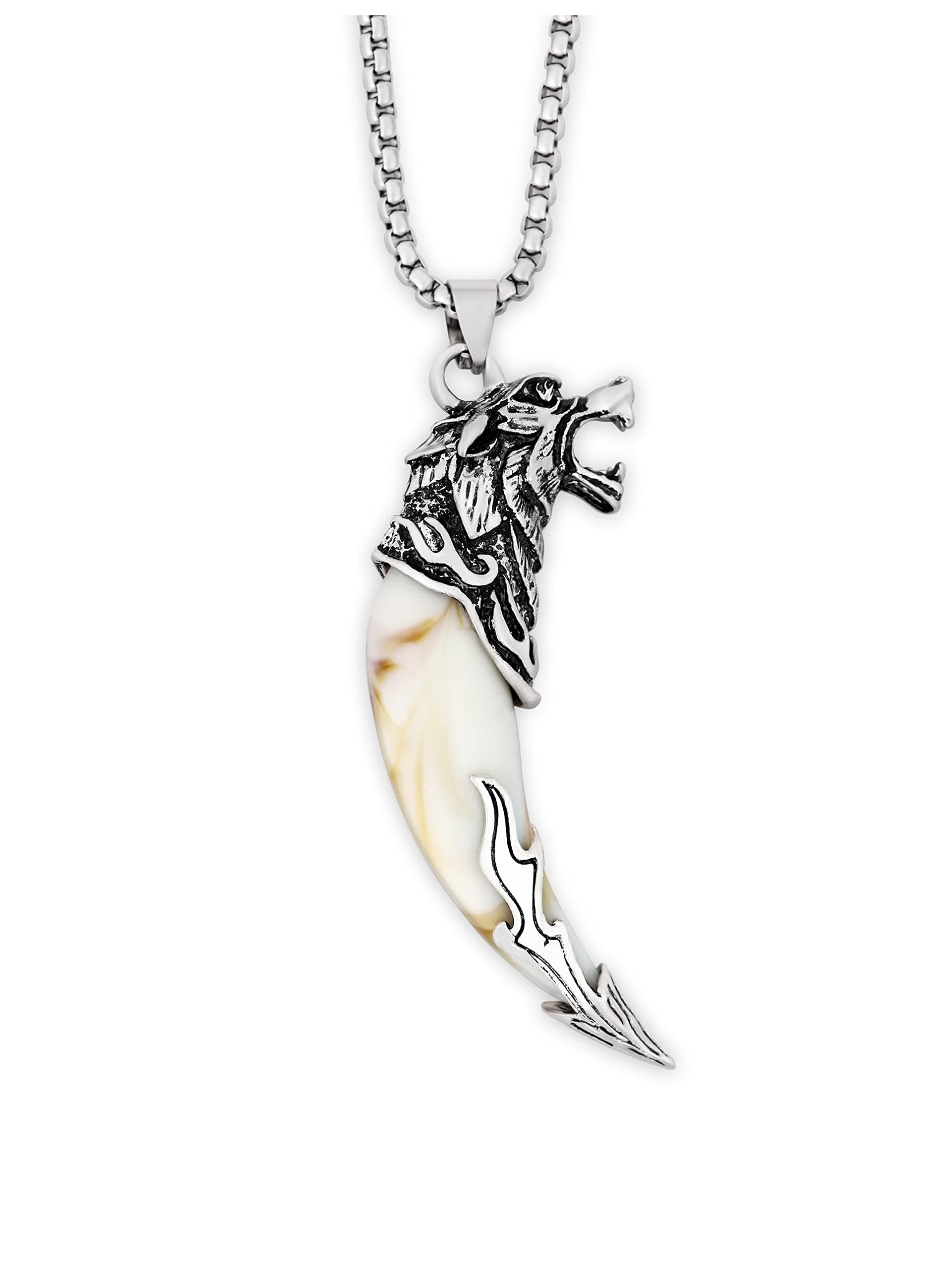 Silver Wolf Tooth Necklace - Men's Animal Fang Pendant With Retro Head Spear Chain for Ceremony Gift Jewelry