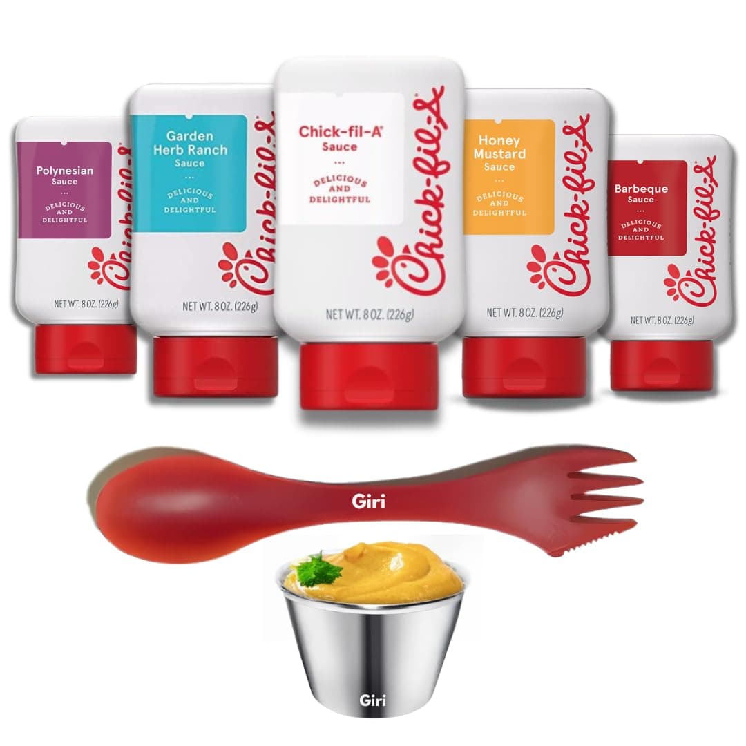 chikfila Sauce Variety Pack: Original, Polynesian, Honey Mustard, Barbeque, and Garden Herb Ranch 8 oz. (5-pack) Bundle with Giri™ Plastic Spork and Stainless Steel Condiment Sauce Cup (3 Items)