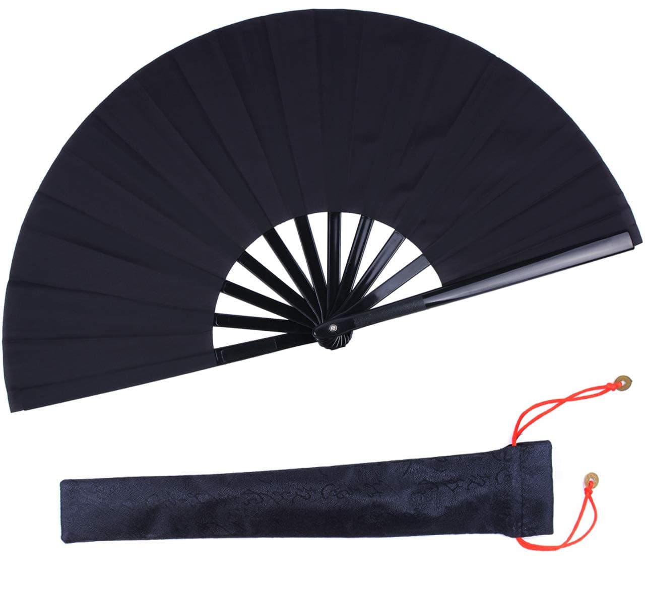 Folding Fan Black Large Hand Fan Chinese Kung Fu Tai Chi Hand Held ABS Plastic-Nylon Folding Fans for Men with a Fabric Case for Protection 13inch