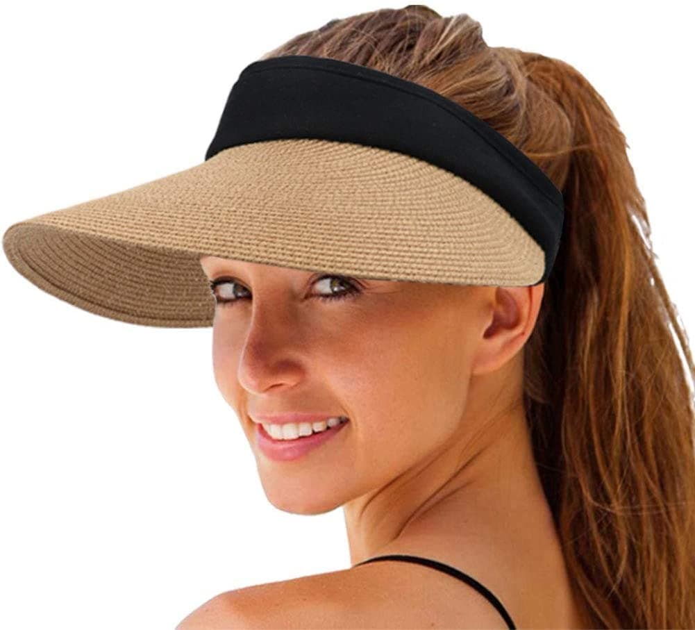 N\AWomen's Sun Visor Hats Summer Wide Brim Beach Straw Hats Adjustable Large Brim Cap Golf Hat for Women(Khaki)