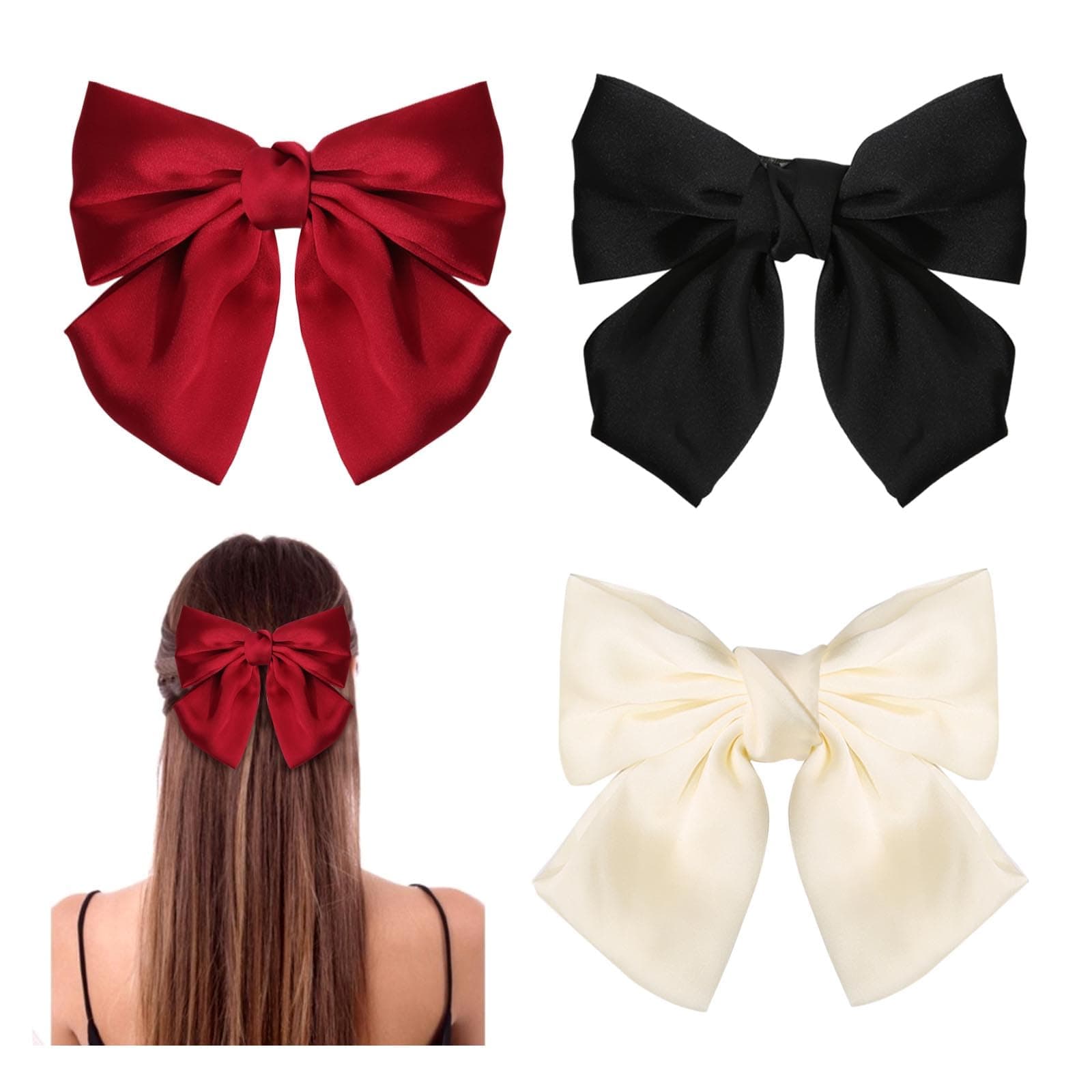 3PCS Bow Hair Clip,Hair Bows Barrettes Solid Color,Soft Satin Silky Hair Bows for Women Girls(Black, White, and Red)