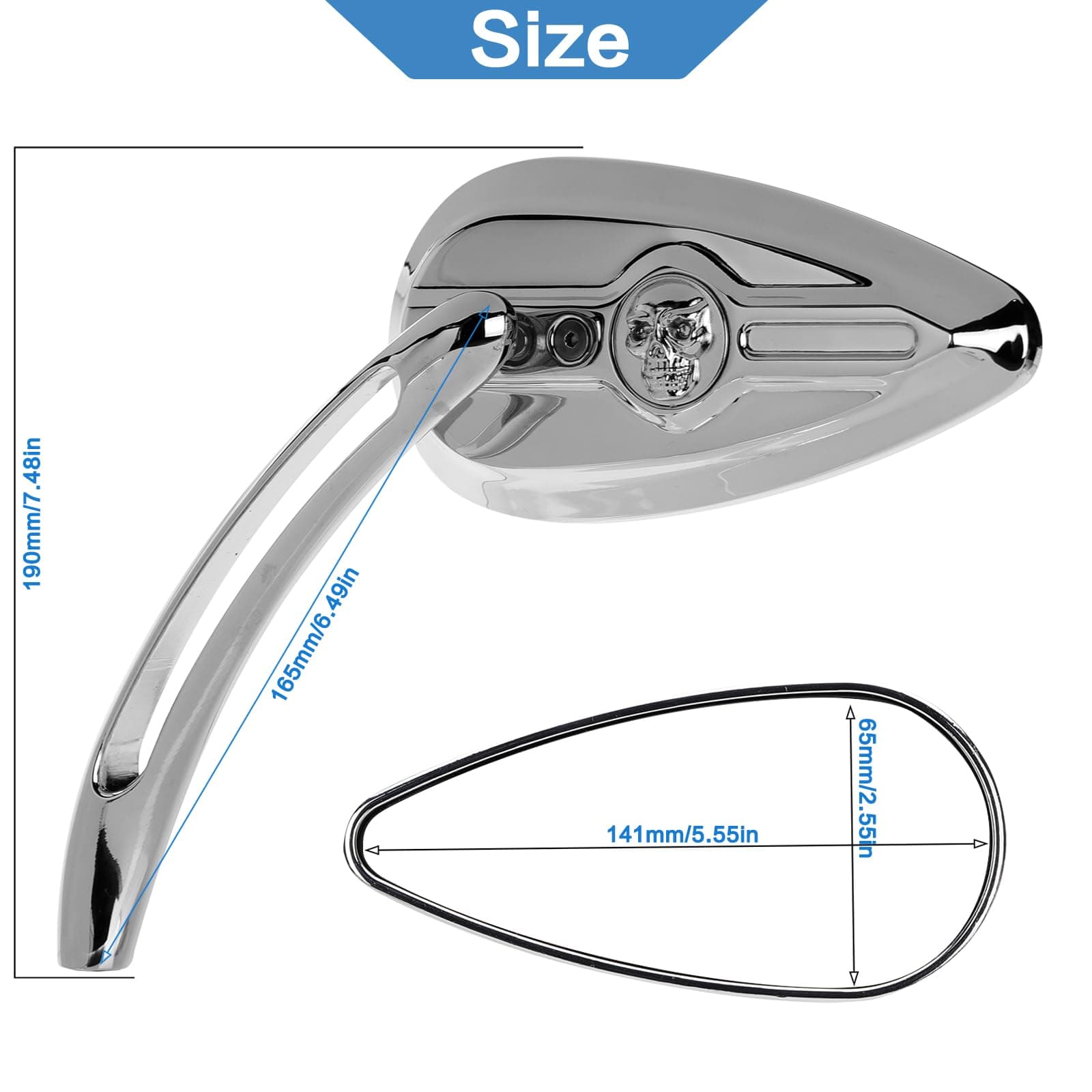 VG MOTO Motorcycle Skull Teardrop Rearview Mirror 8mm 10mm Side Mirrors 360 Degree Chrome Universal Replacement for Harley Touring Softail Dyna Sportster XL 883 1200 Electra Glide