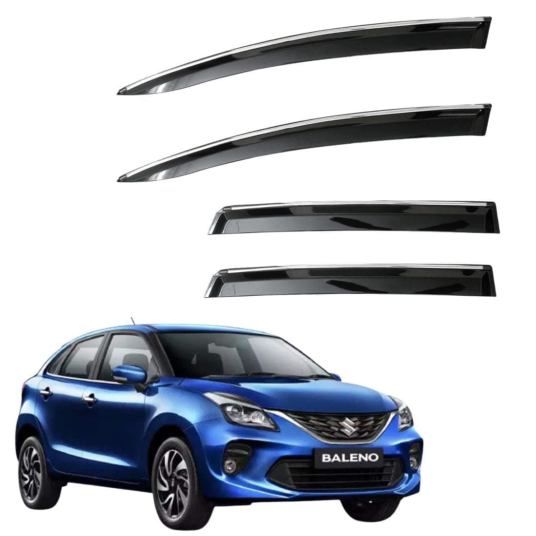 CAR SAAZ Unbreakable Chrome Smoke Door Visor for Baleno (2019-2021) | Premium Sun Rain Wind Deflector Chrome Strip Side Door Rain Visor – Set of 4 Pcs