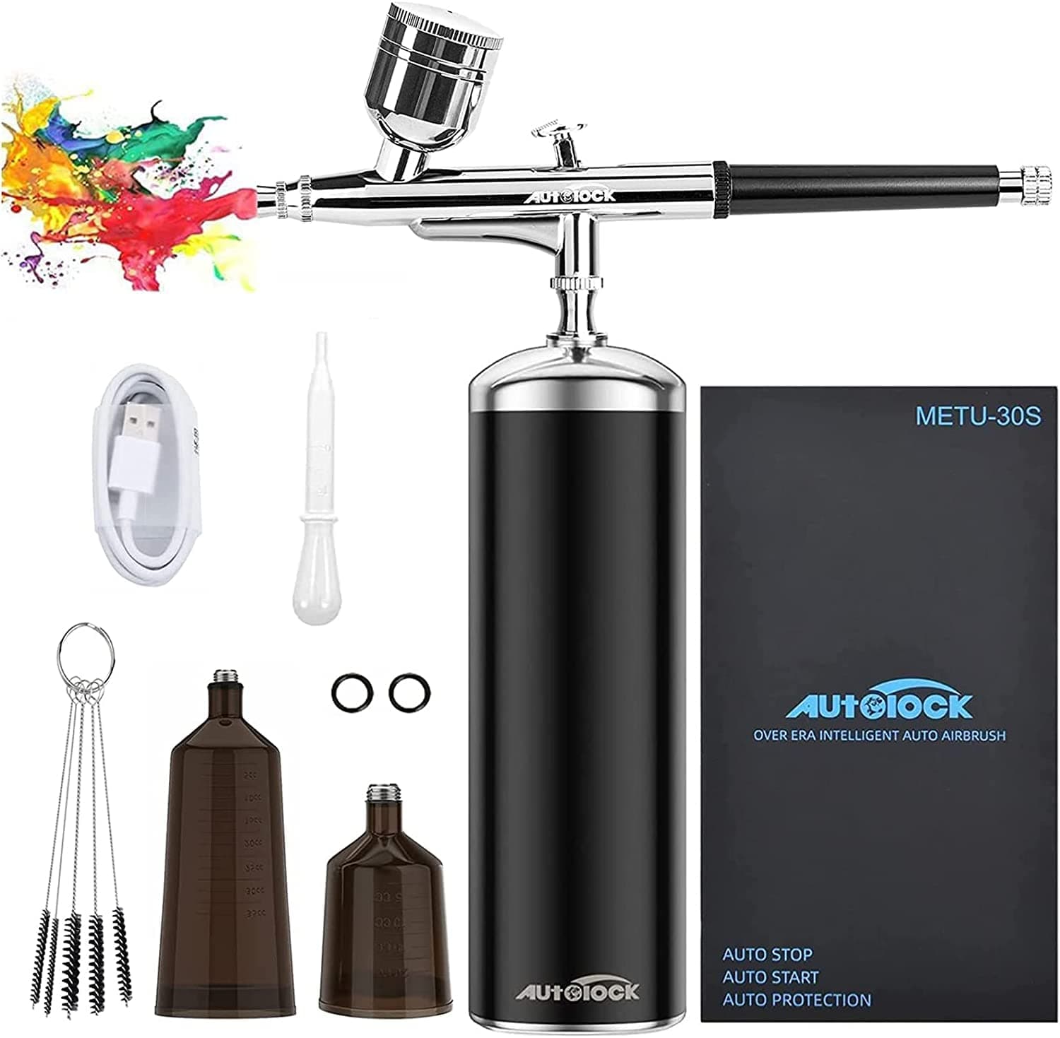 Autolock Airbrush, airbrush Set 30PSI with Compressor, Portable Airbrush Kit and Rechargeable Hand Airbrush Set, for Makeup, Cake Decoration, Model Colouring, Nail Art, Tattoo