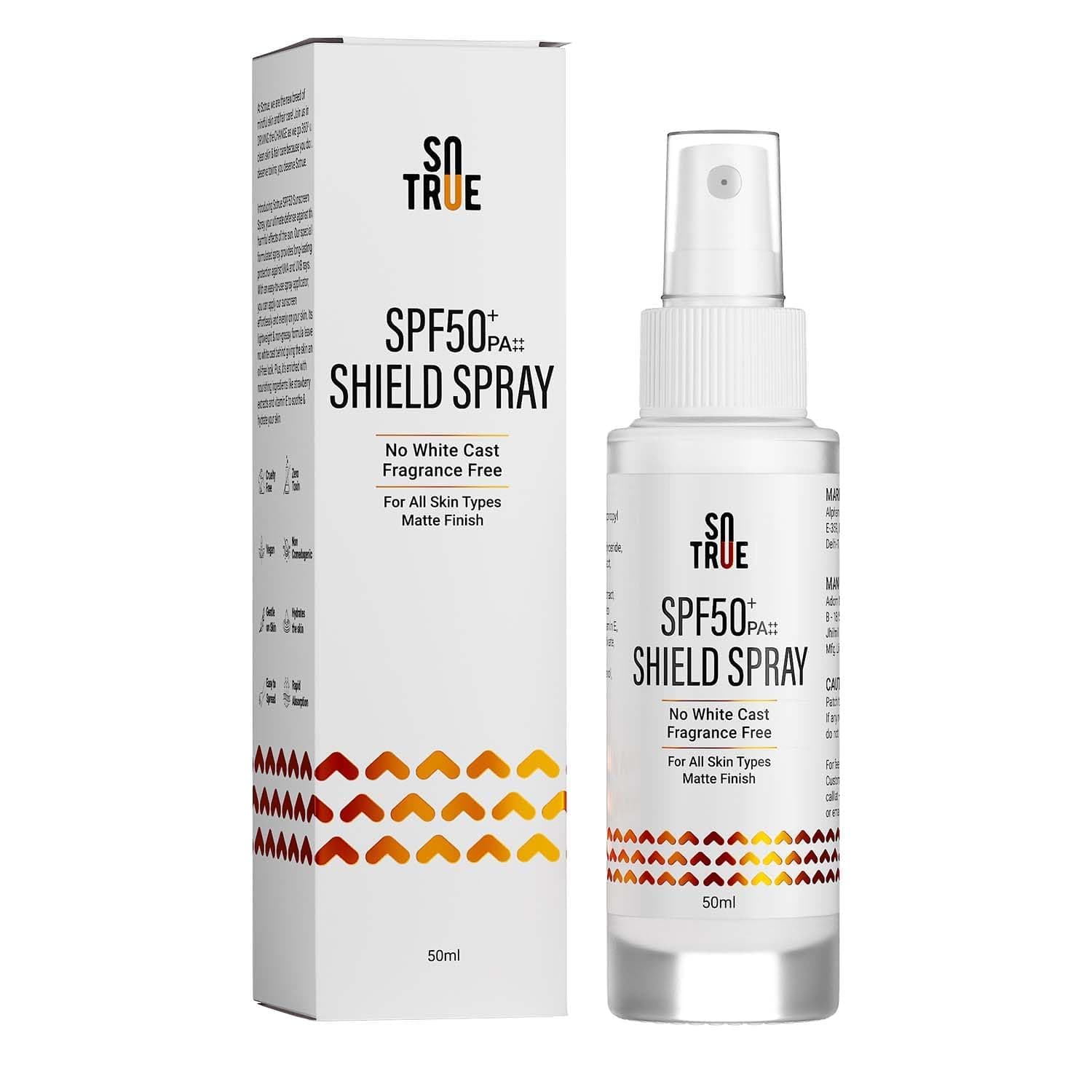 Sotrue SPF50+ Shield Spray Face & Body Fluid Sunscreen | Water Resistant With Zinc Oxide | No White Cast, No Added Fragrance | Fast Absorbing PA++++ Spray For All Skin Types, 50ml