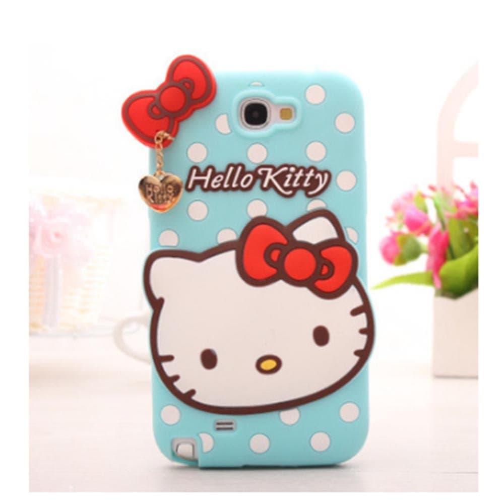 NEW 3D Cute soft silicone hello kitty Cartoon Case With Pendant Gel Rubber Protective back Cover For Samsung galaxy Note 2 3 4 (Note 2 Mint Green)
