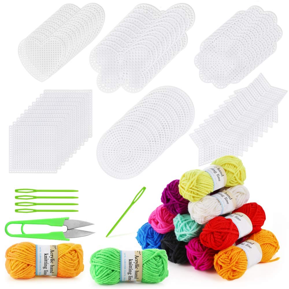 Pllieay 60-Piece Plastic Canvas Kit: 6 Shapes, 12 Colors Acrylic Yarn, Tools for Embroidery & Craft Projects