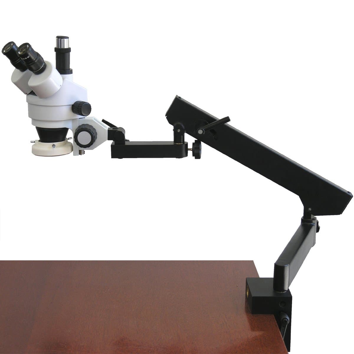 SM-6T-FRL Professional Trinocular Stereo Zoom Microscope, WH10x Eyepieces, 7X-45X Magnification, 0.7X-4.5X Zoom Objective, 8W Fluorescent Ring Light, Clamping Articulating Arm Stand, 110V-120V