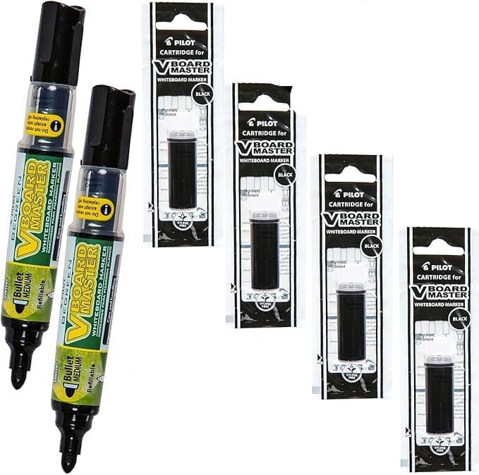 Refillable Dry Erase Markers, Pilot, 2 Black Ink Bullet Tip Low Odor Markers with 4 Refills,