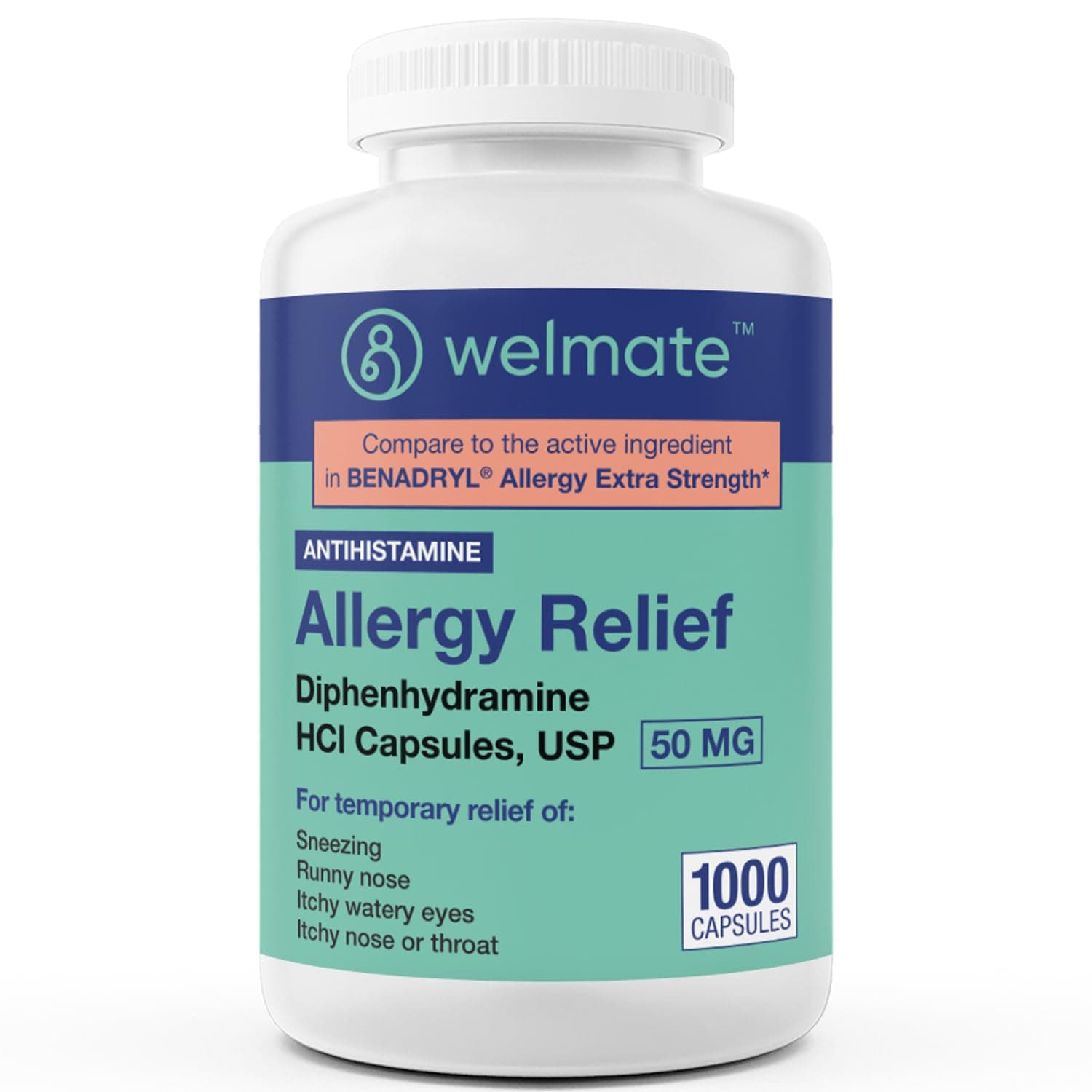WELMATE Allergy Relief - Diphenhydramine 50 mg - 1000 Count Capsules - Antihistamine - Allergy & Cold Symptoms - Sneezing, Runny Nose, Itchy Eyes & Throat
