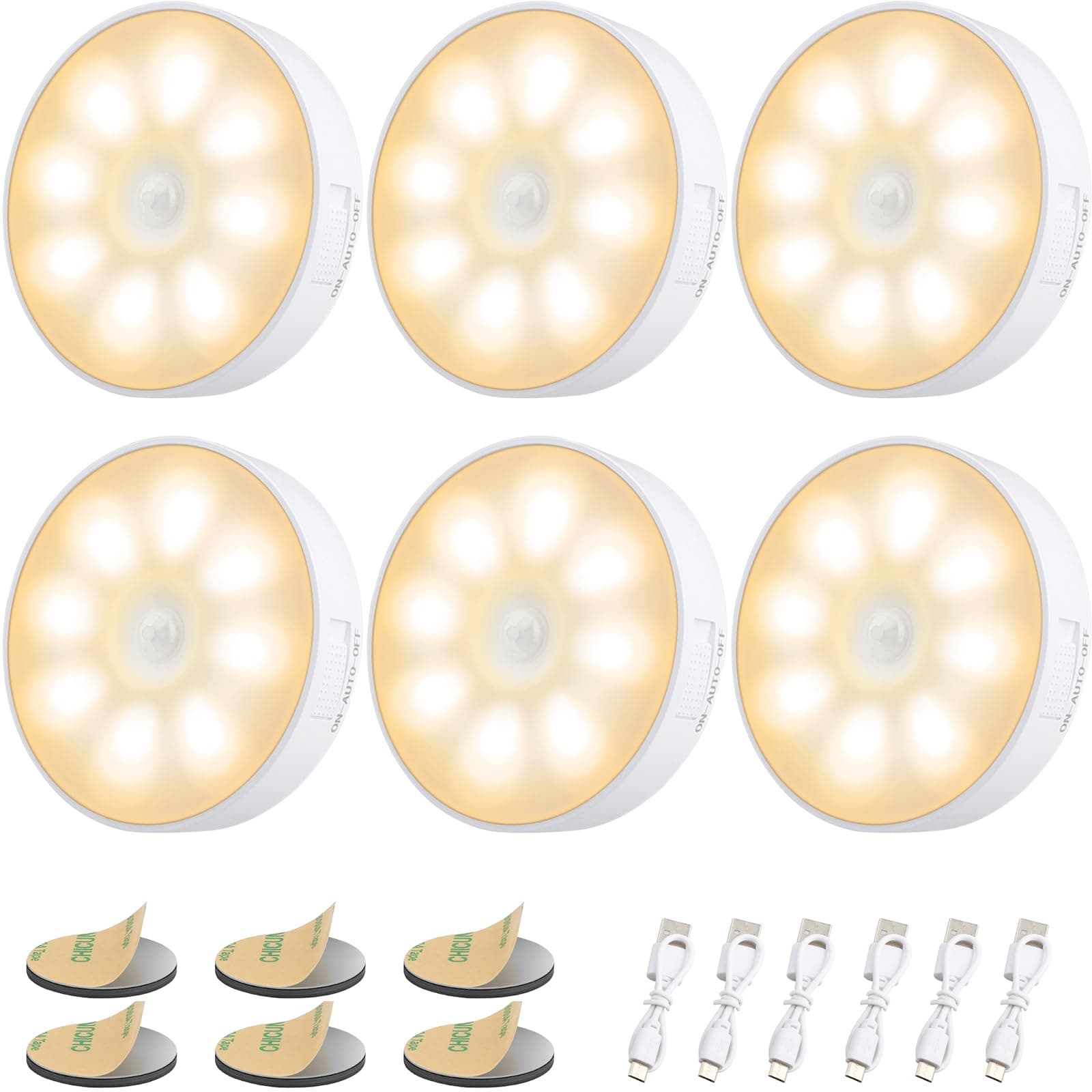 8 LEDs Motion Sensor Light Indoor, Night Light USB Rechargeable, 3 Light Modes & 400 mAh Battery, Cordless Magnetic Sticker Nightlight for Stair, Closet, Hallway - 3000K Warm White 6 Pack