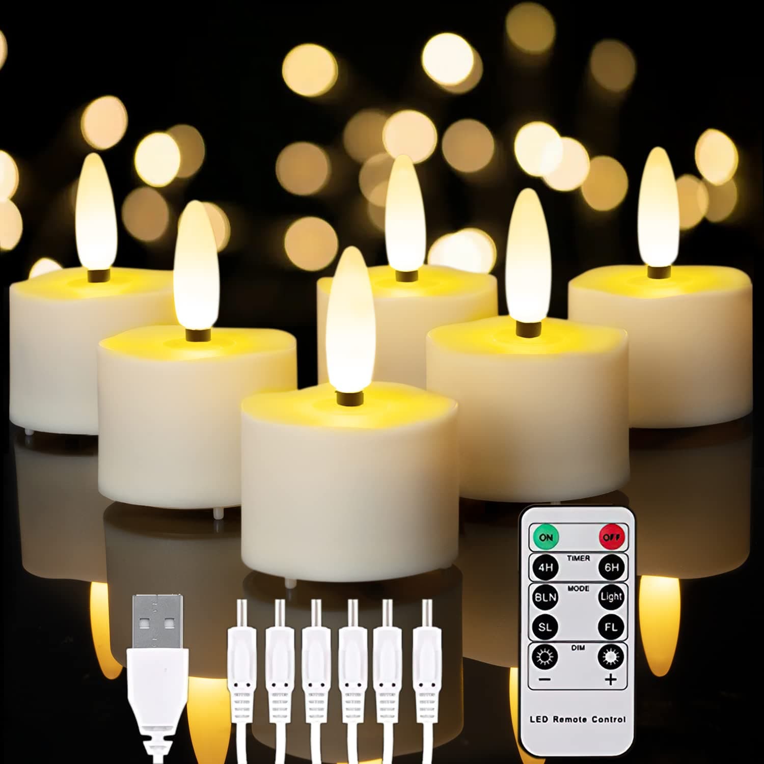 Homemory Rechargeable Tea Lights with Remote Control, Dimmable LED Tea Lights, Candles, Rechargeable Flameless Candles for Home Decoration, Pack of 6