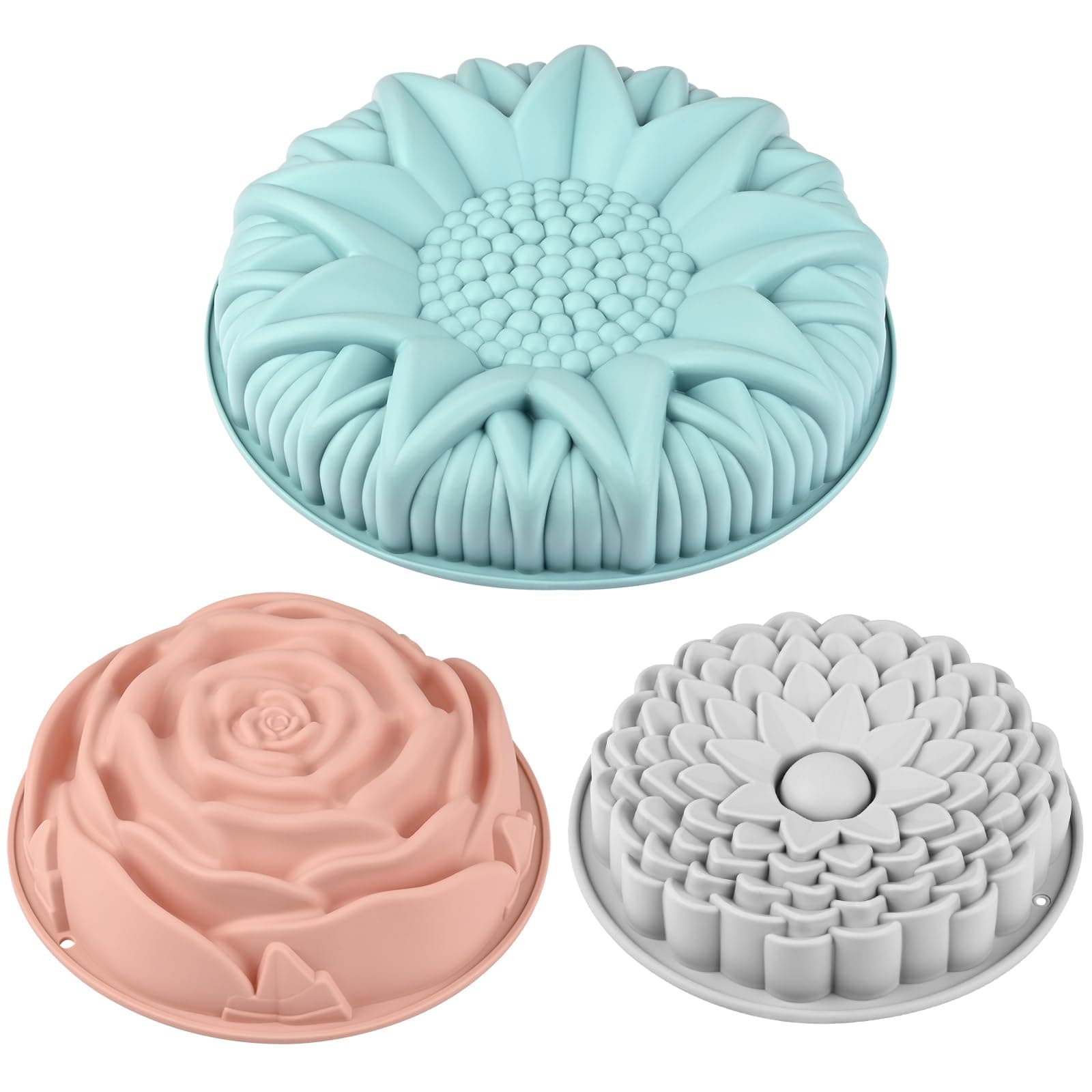 Sakolla 3 Pack Flower Shape Silicone Cake Molds, Large Round Silicone Molds for Baking Cake, Breads, Pies, Tarts, Jello (Rose, Chrysanthemum, Sunflower)