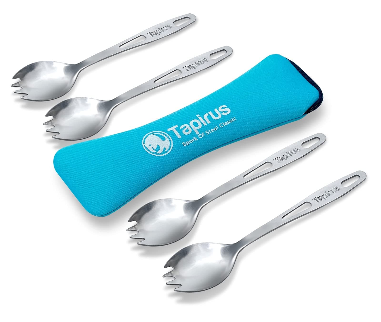 Tapirus Stainless Steel Classic Sporks Set of 4 - Save Space When Camping, Hiking or Backpacking - Heavy Duty Fire Proof Metal Tool - Long Handled, Reusable and Extra Light for Travel - with Case