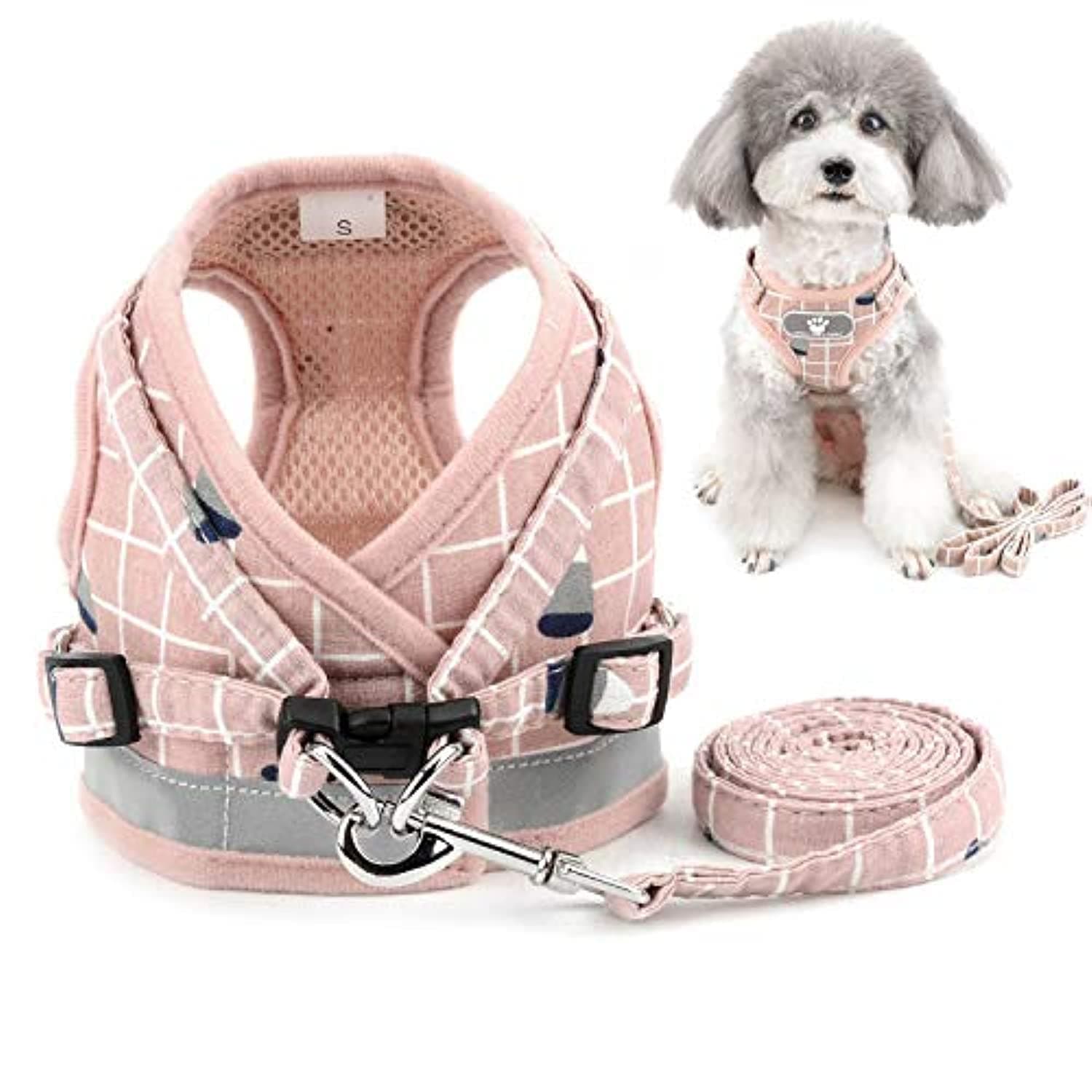 Zunea No Pull Small Dog Harness and Lead Set Adjustable Reflective Step-in Chihuahua Vest Harnesses Mesh Padded Plaid Escape Proof Puppy Jacket for Boy Girl Pet Dogs Cats Pink XS