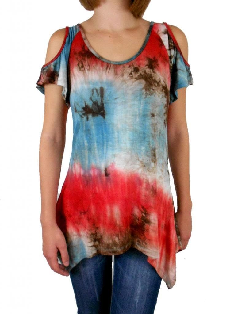 SugarRock Women Bohemian Tunic Shirt Tie Dye Asymmetric Hem S/s in Red