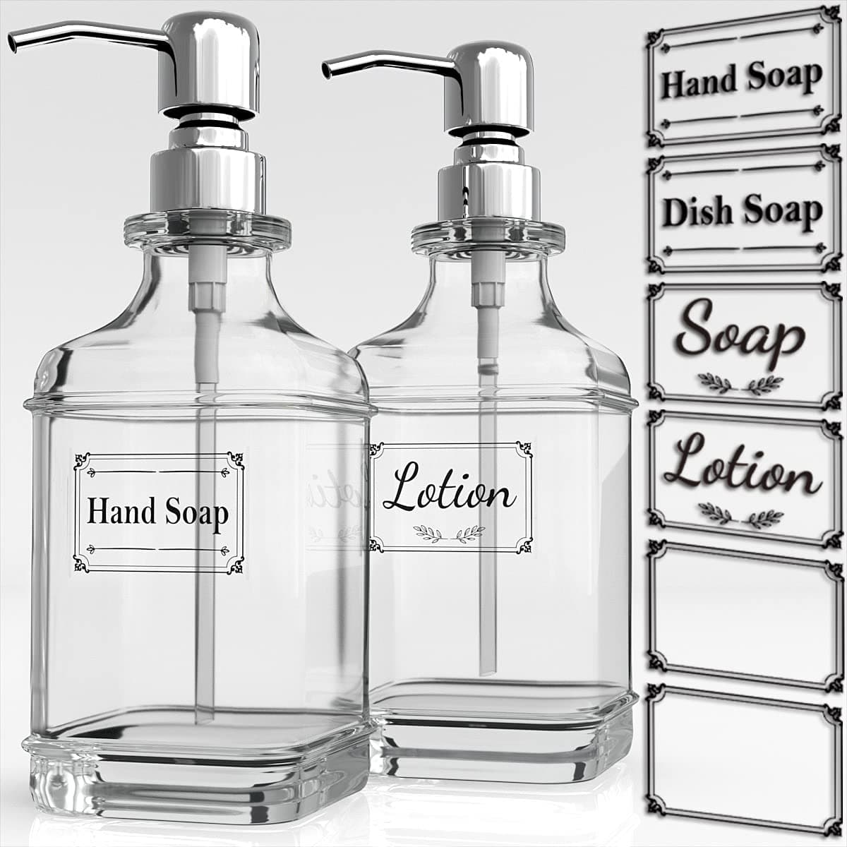 GLADPURE Soap Dispenser - 2 Pack, 18 Oz Antique Design Thick Glass Hand Soap Dispensers; with 304 Rust Proof Stainless Steel Pump, 6Pcs Clear Stickers, for Kitchen, Bathroom